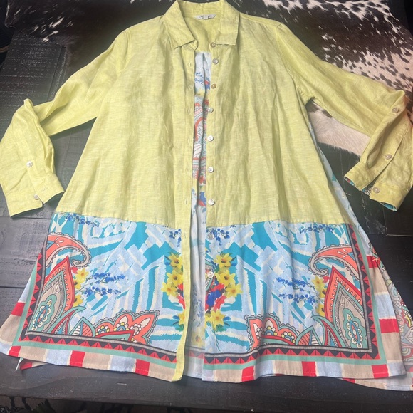 John Mark Tunic Dress Large Linen Blend Long Roll Tab Sleeve Graphic Back M - Picture 2 of 11